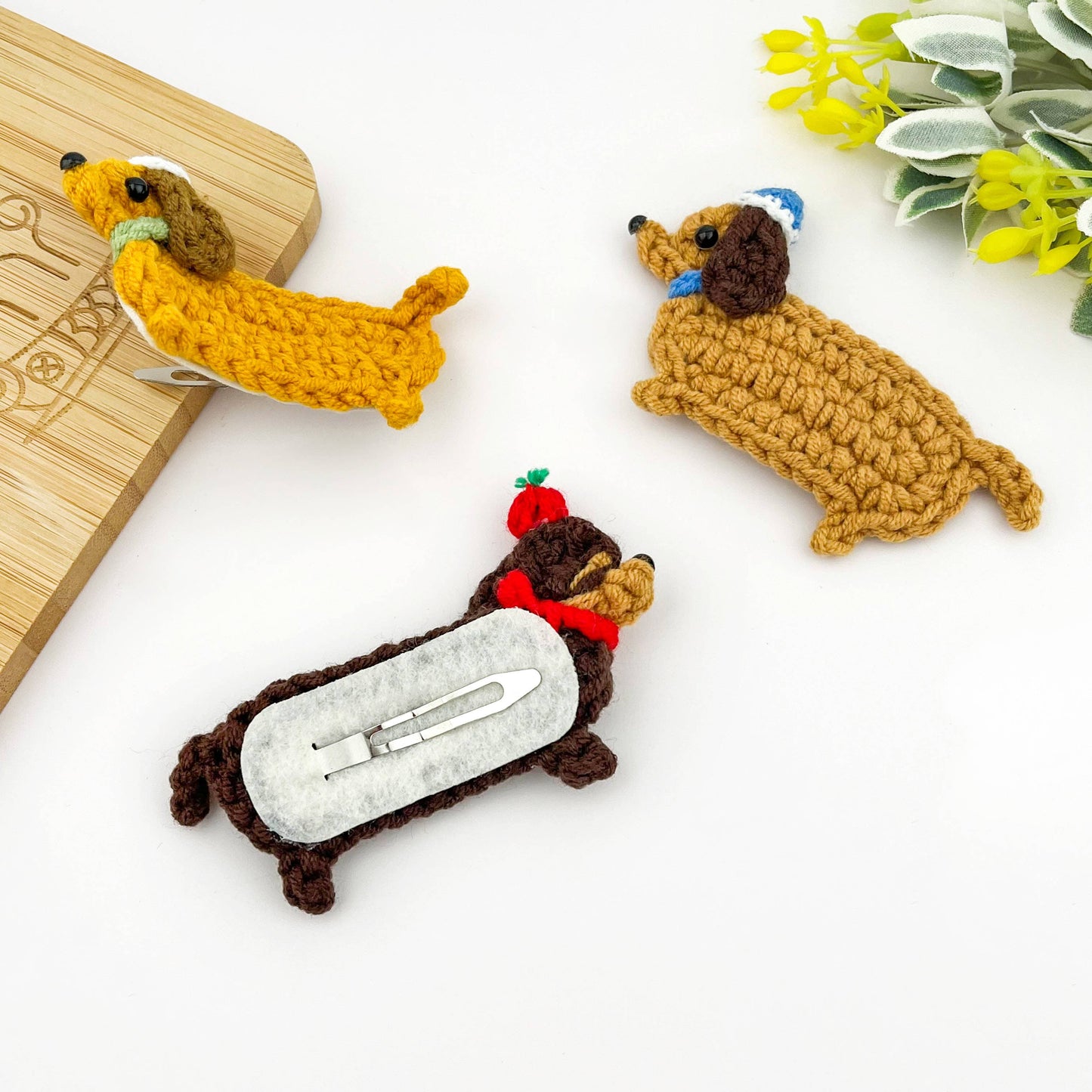 Handmade Crochet Dachshund Hair Clips, Yarn Dog Barrettes