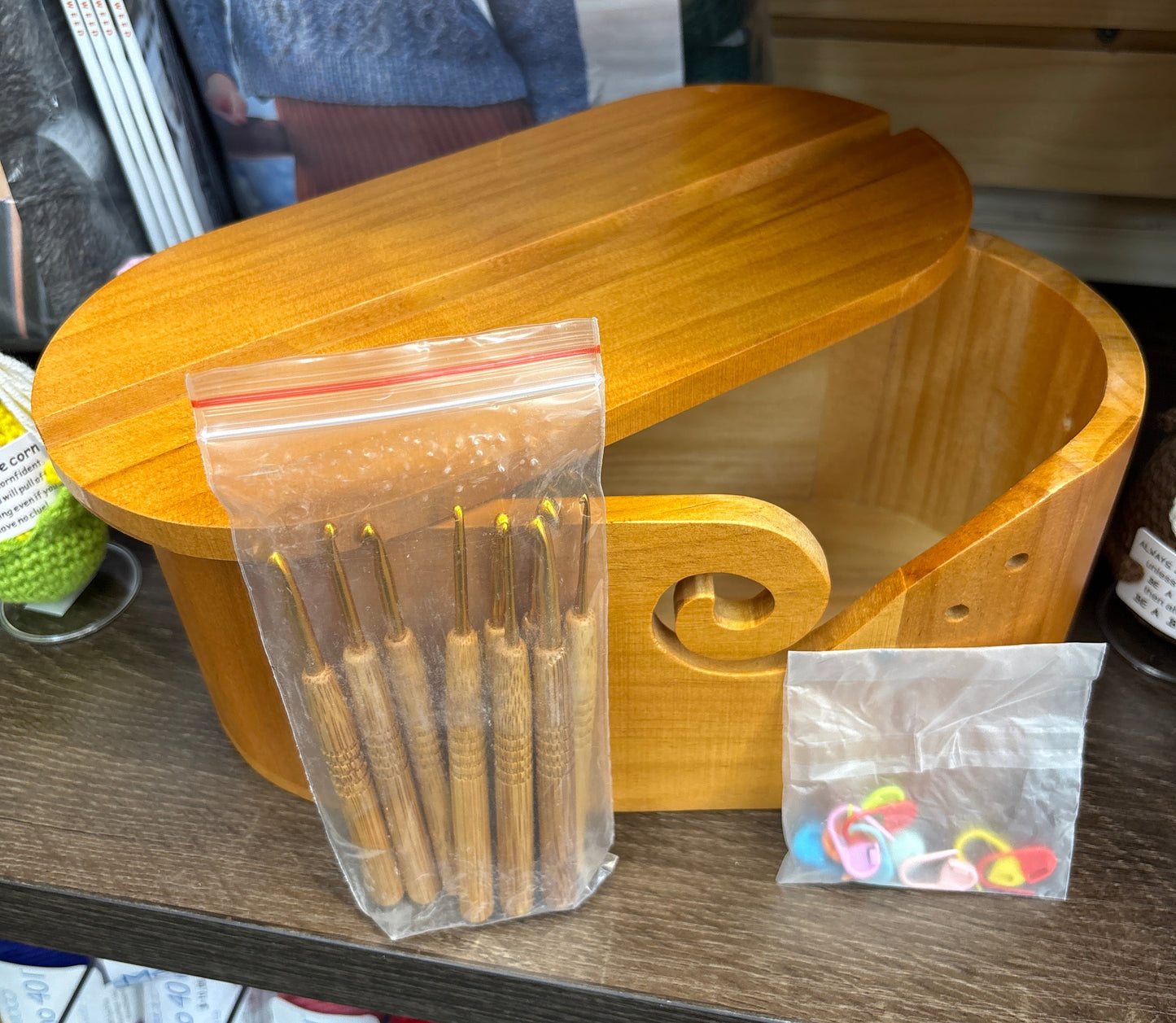Wooden Yarn Bowl With Set of Crochet Hooks and Stitch Markers