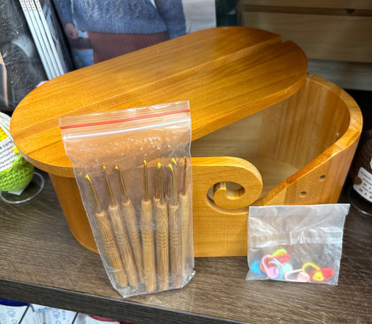Wooden Yarn Bowl With Set of Crochet Hooks and Stitch Markers