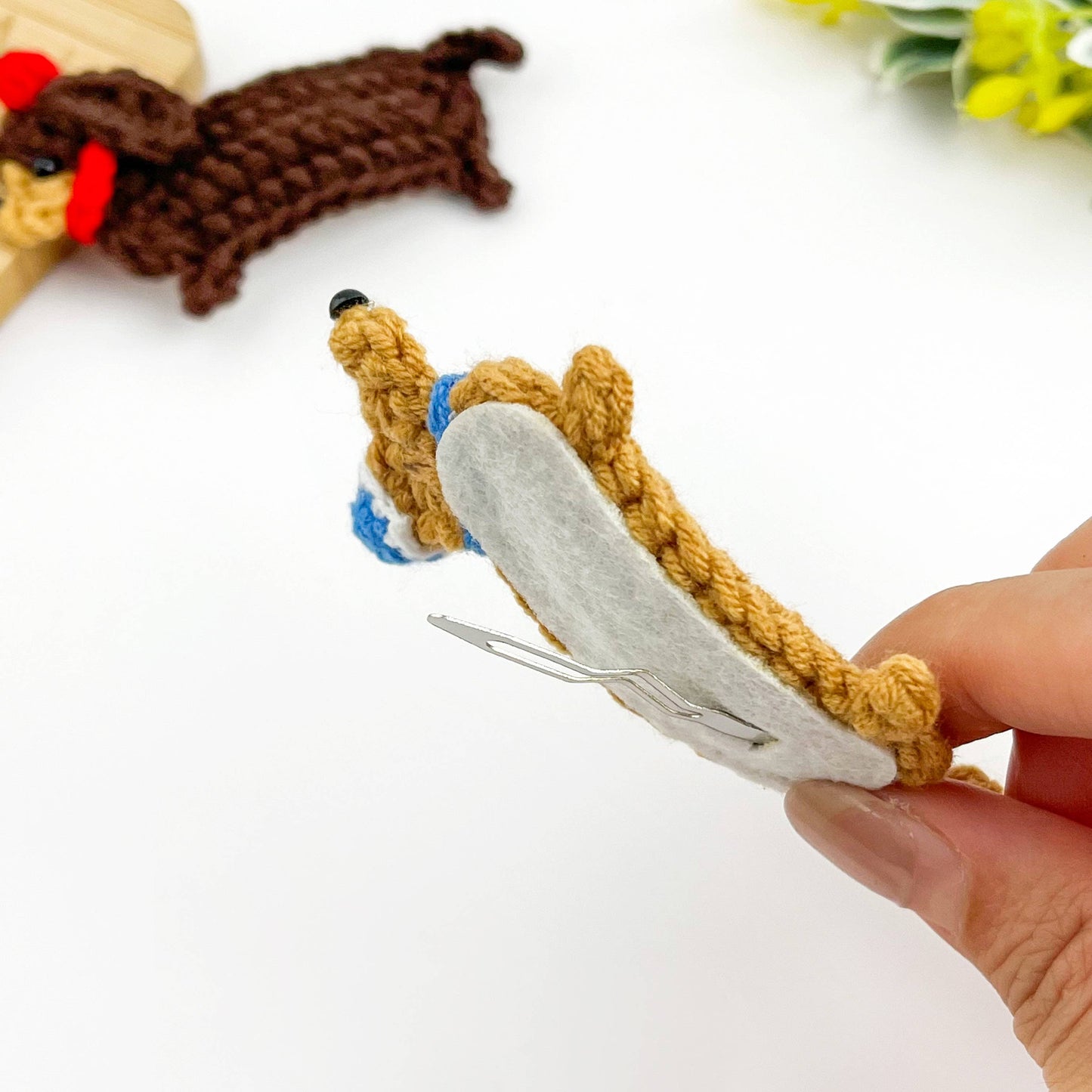 Handmade Crochet Dachshund Hair Clips, Yarn Dog Barrettes